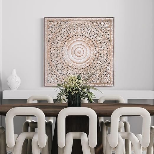 Aafiyat Unique Hand Carved Wooden Wall Panels with Hanging Floral Decorations - Rustic Farmhouse Living Room and Bedroom Wall Decoration Living & Bed Rooms view 4
