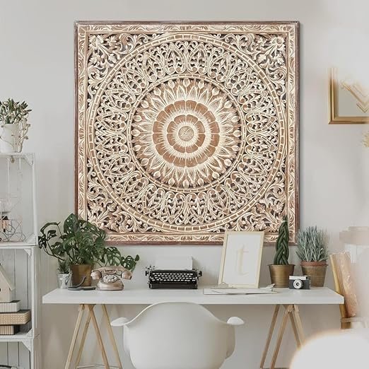 Aafiyat Unique Hand Carved Wooden Wall Panels with Hanging Floral Decorations - Rustic Farmhouse Living Room and Bedroom Wall Decoration Living & Bed Rooms view 6
