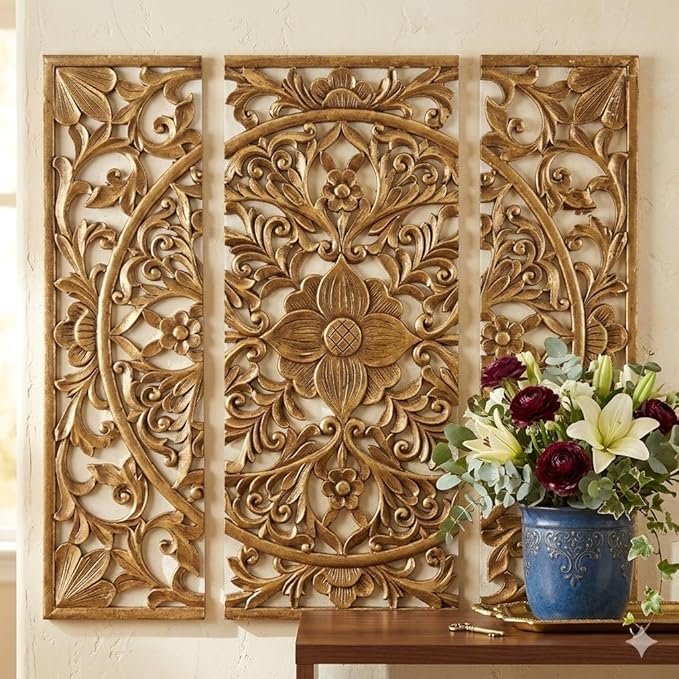 Wooden Square Wall Panel in Antique Gold Set of 3 Panel (36/36) Inches Wooden Designer Wall Hanging Plaques Wall Plaque Wall Décor Living & Bed Room Decor view 2