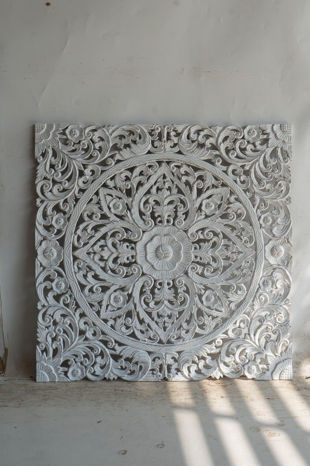 Wood Hand-Carved Decorative Panel | 39" Wall Art Hanging in 1 Solid Piece | Weathered Coastal White Finish