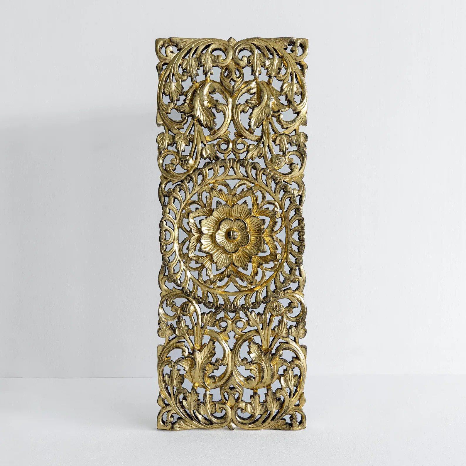 Decorative Wood Wall Panel, Large Carved Teak Mandala Gold Leaf Wall Art Boho Lotus Traditional Thai Panel, Living Room Decor 14"x36"