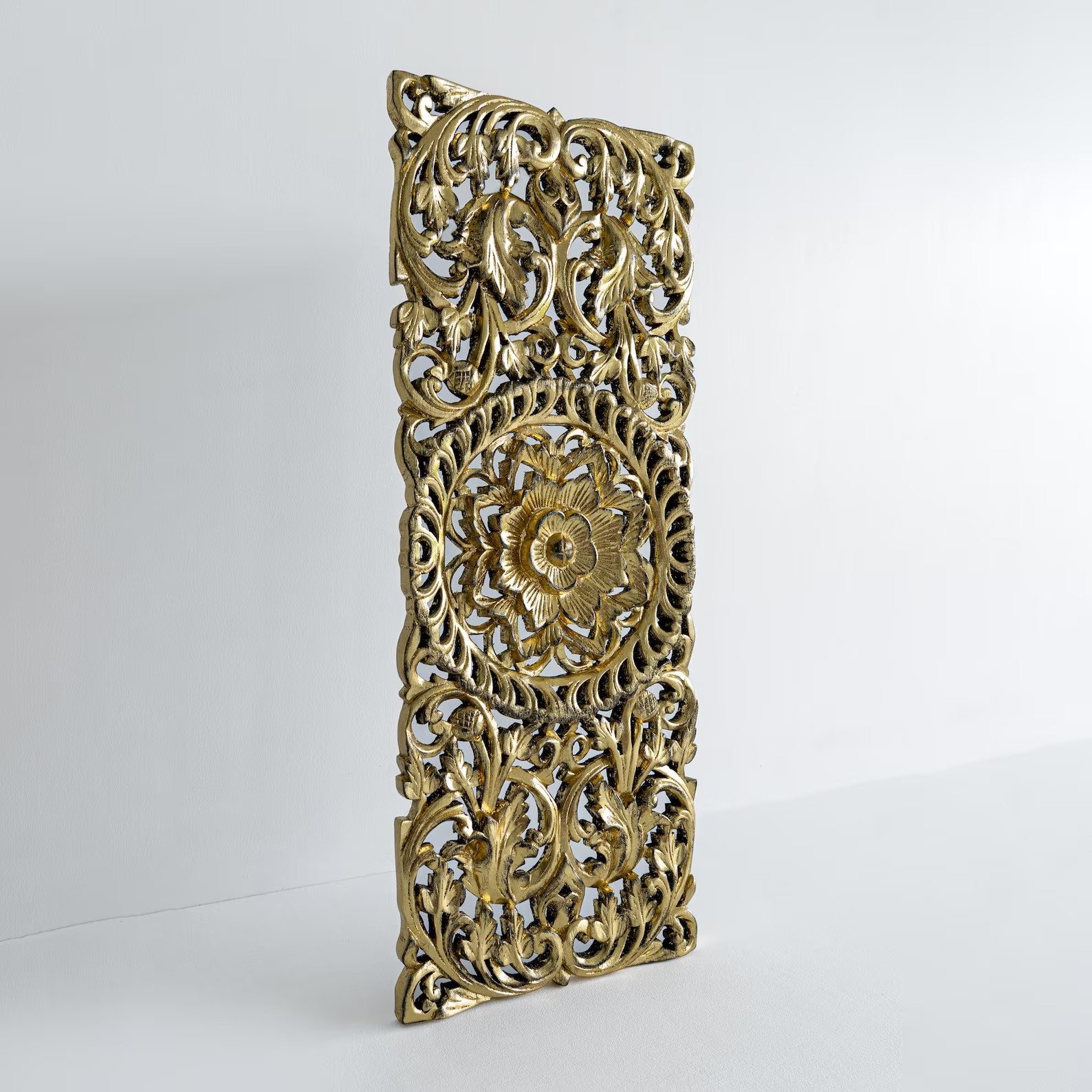 Decorative Wood Wall Panel, Large Carved Teak Mandala Gold Leaf Wall Art Boho Lotus Traditional Thai Panel, Living Room Decor 14"x36" view 2