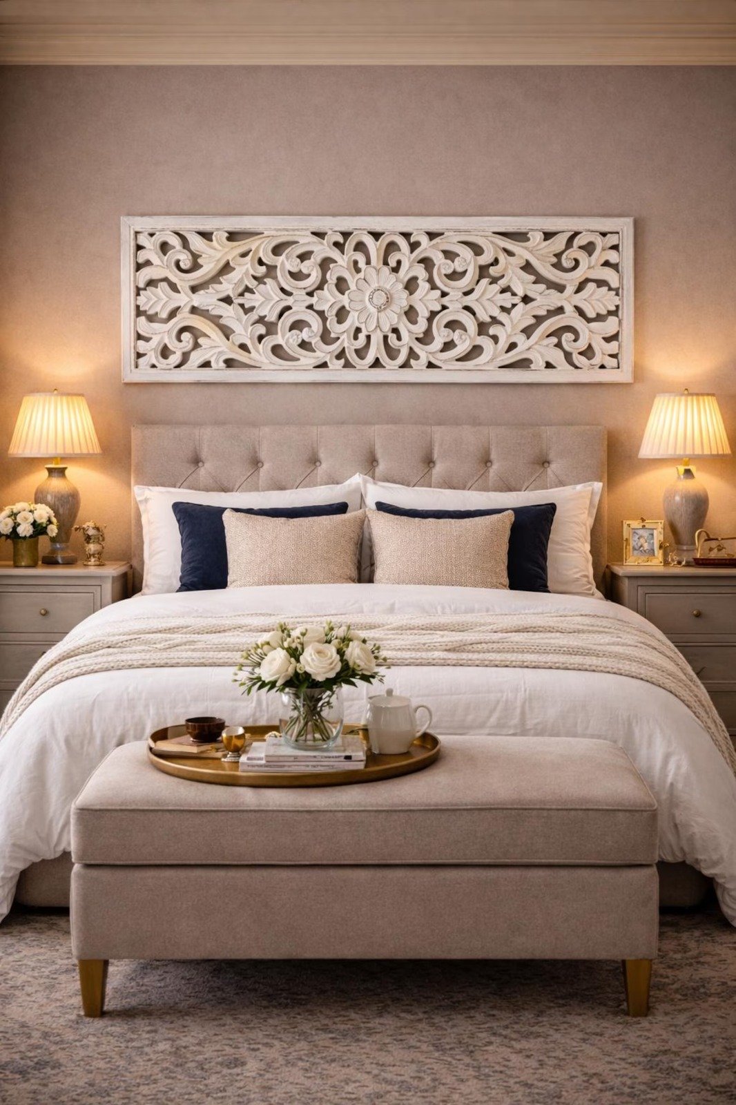 Handcrafted Wooden Wall Panel for Bedroom & Living Room | Floral Carved Wall Art | Decorative Wooden Wall Hanging | White Finish