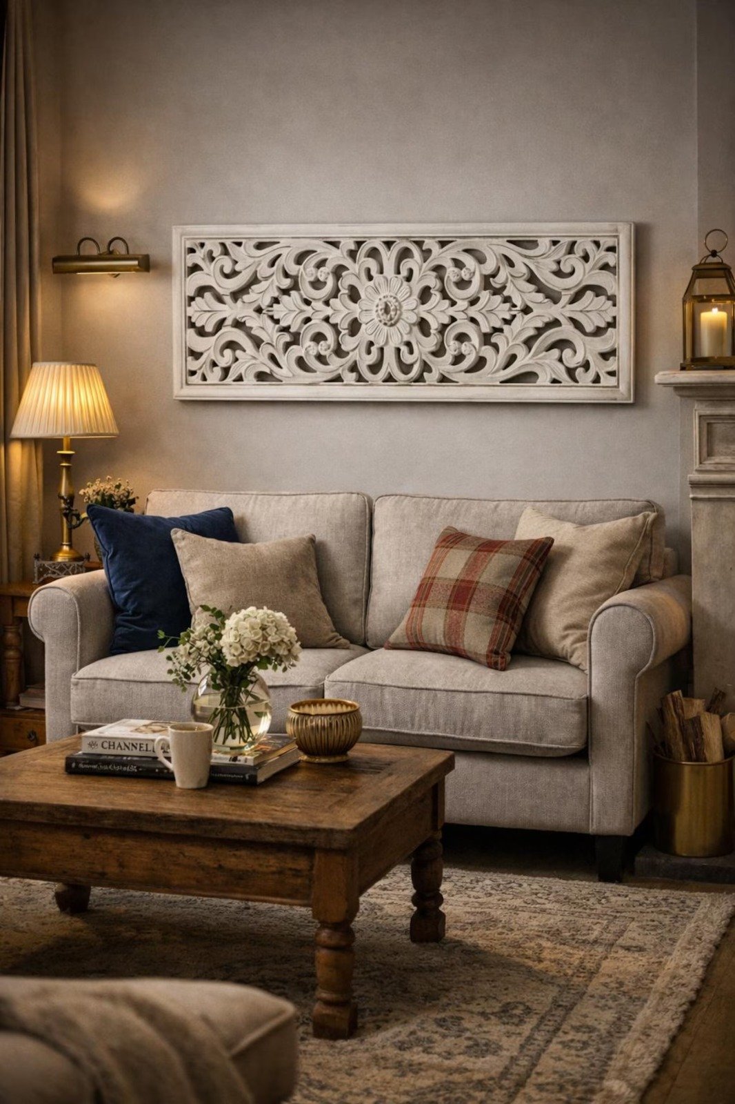 Handcrafted Wooden Wall Panel for Bedroom & Living Room | Floral Carved Wall Art | Decorative Wooden Wall Hanging | White Finish view 4