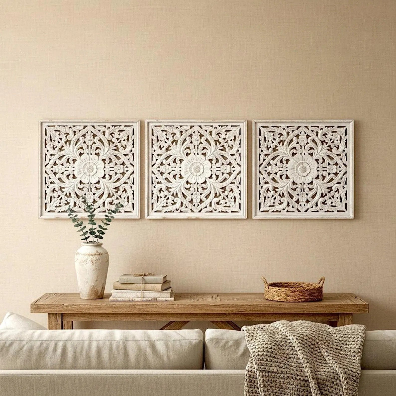 Handcrafted Wooden Wall Art Set of 3 | Floral Carved Decorative Wall Panels | White Finish | Home Wall Décor for Living Room & Bedroom
