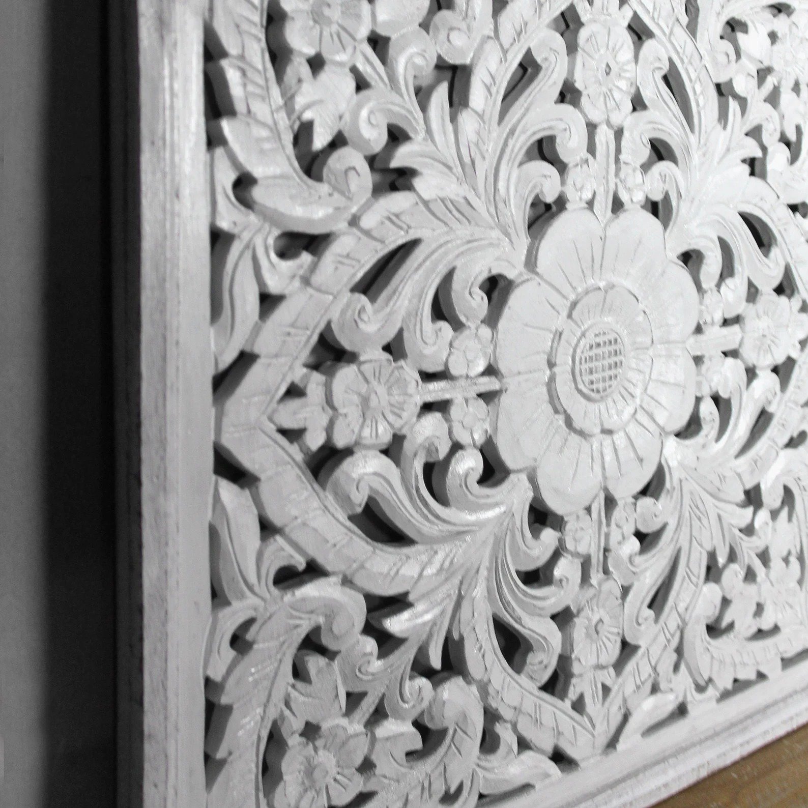 Handcrafted Wooden Wall Art Set of 3 | Floral Carved Decorative Wall Panels | White Finish | Home Wall Décor for Living Room & Bedroom view 2