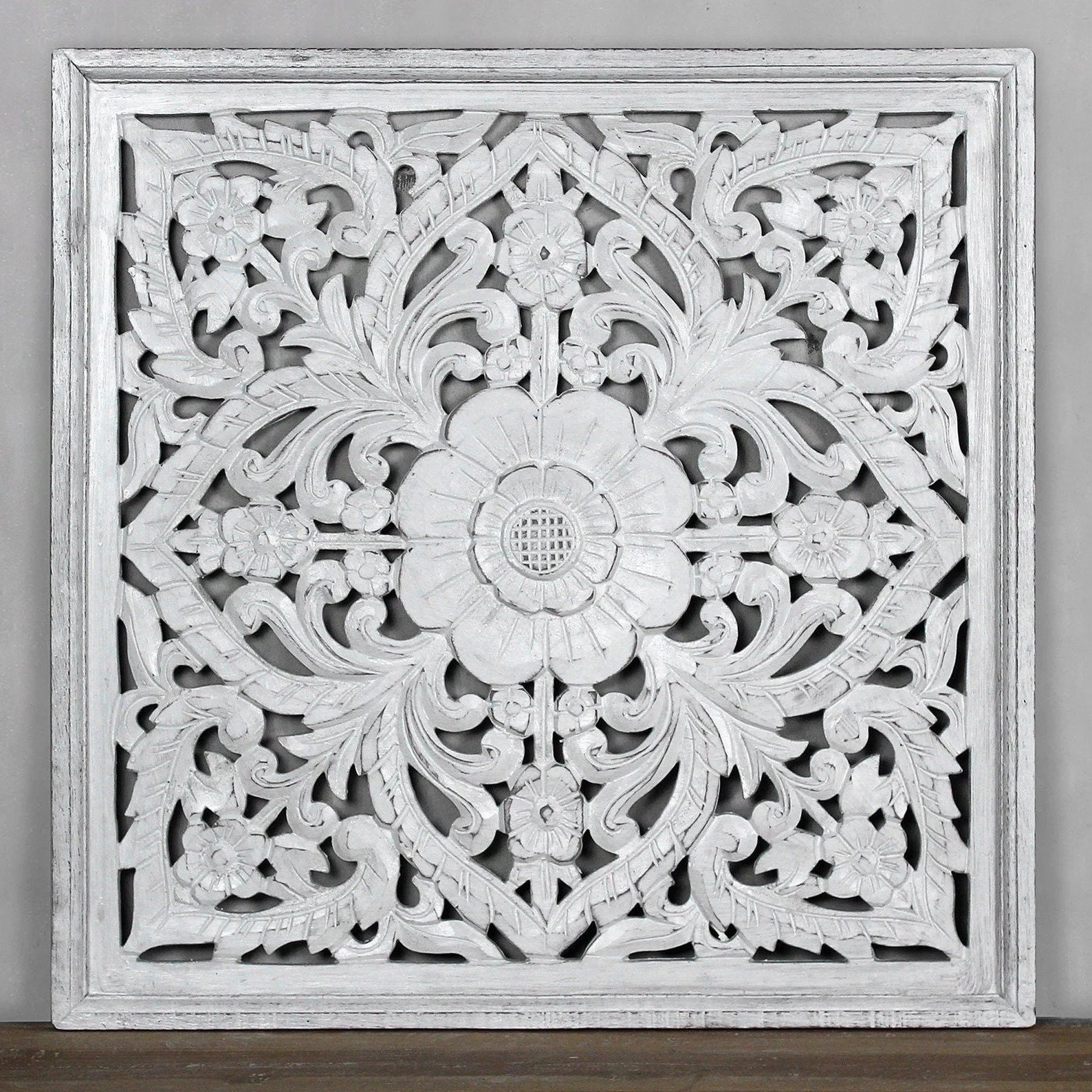 Handcrafted Wooden Wall Art Set of 3 | Floral Carved Decorative Wall Panels | White Finish | Home Wall Décor for Living Room & Bedroom view 3