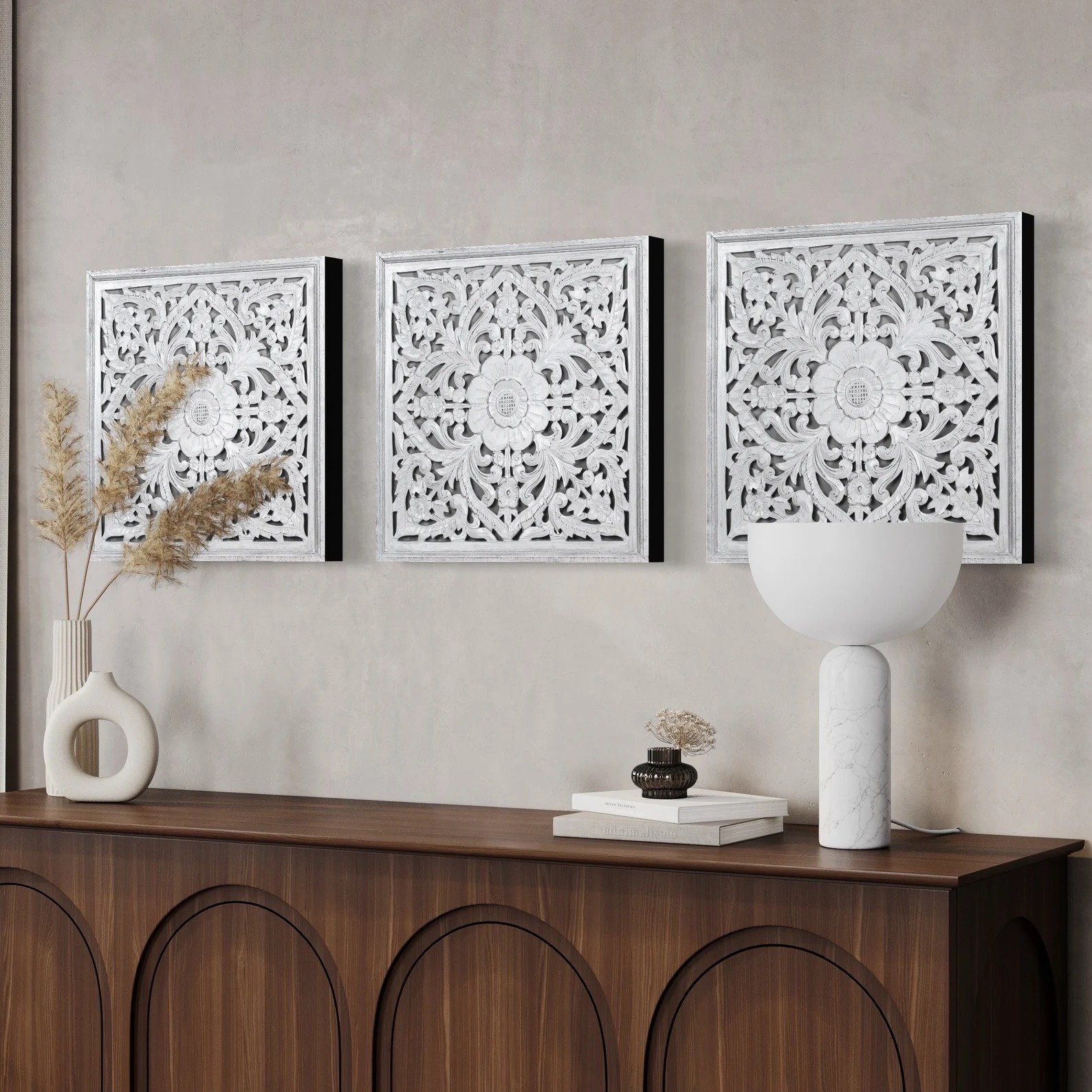 Handcrafted Wooden Wall Art Set of 3 | Floral Carved Decorative Wall Panels | White Finish | Home Wall Décor for Living Room & Bedroom view 4