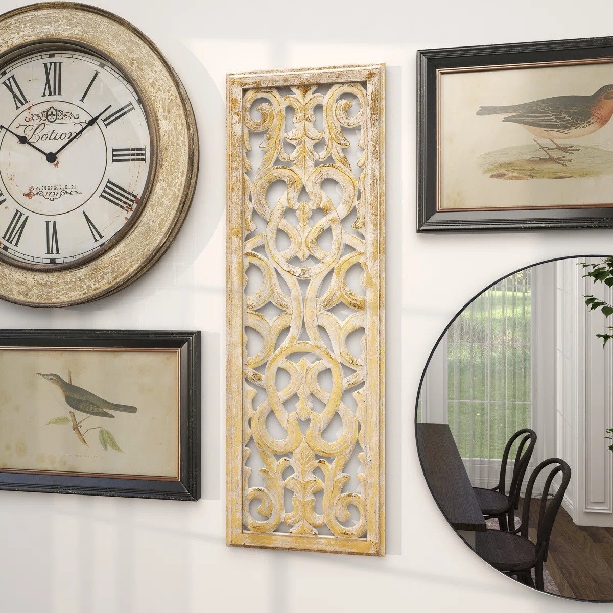 Wooden Handmade Intricately Carved Arabesque Scroll Gold Wall Decor with Cream Backing