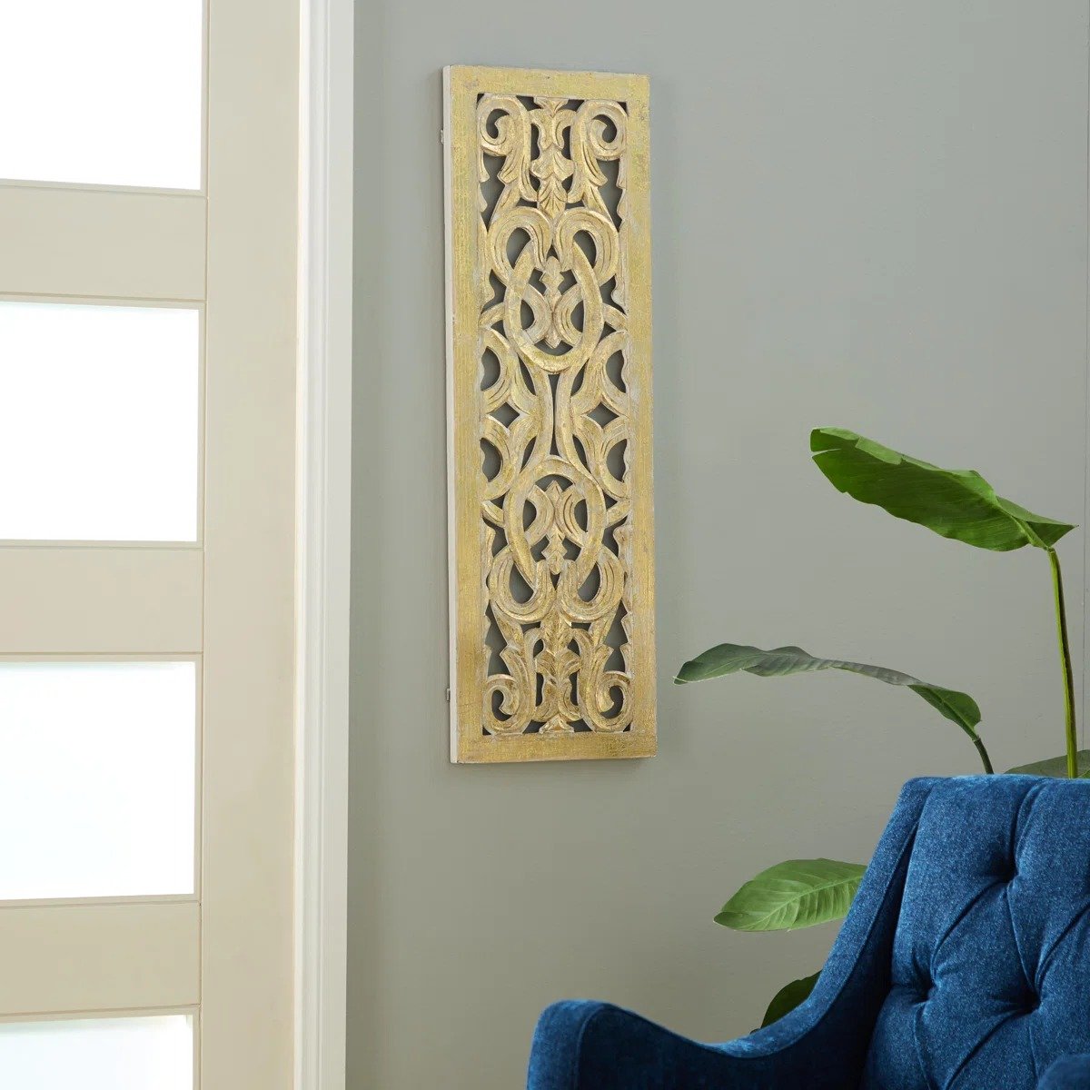 Wooden Handmade Intricately Carved Arabesque Scroll Gold Wall Decor with Cream Backing view 2