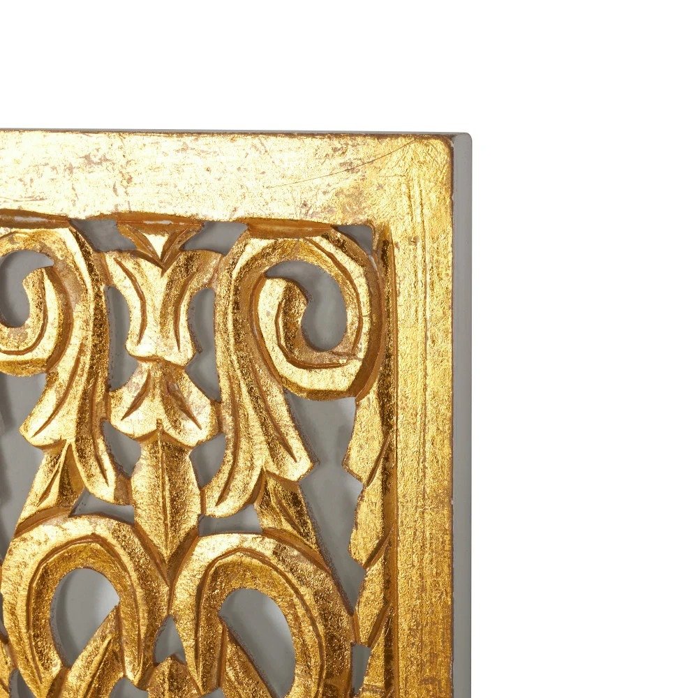 Wooden Handmade Intricately Carved Arabesque Scroll Gold Wall Decor with Cream Backing view 3