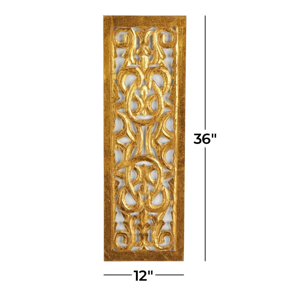 Wooden Handmade Intricately Carved Arabesque Scroll Gold Wall Decor with Cream Backing view 5