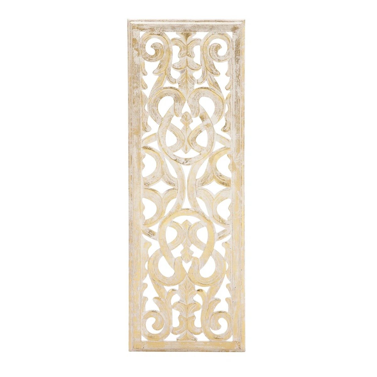 Wooden Handmade Intricately Carved Arabesque Scroll Gold Wall Decor with Cream Backing view 6