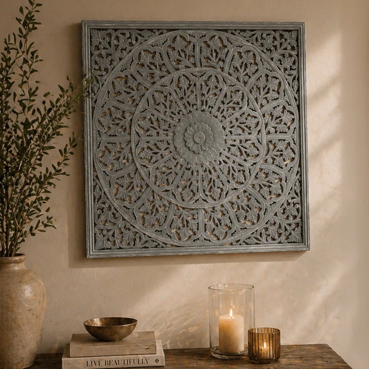 Handcrafted Wooden Wall Art Panel, 48x48 inch | Intricate Mandala Wall Décor | Large Decorative Carved Wood Wall Hanging for Living Room, Bedroom, Entryway & Office