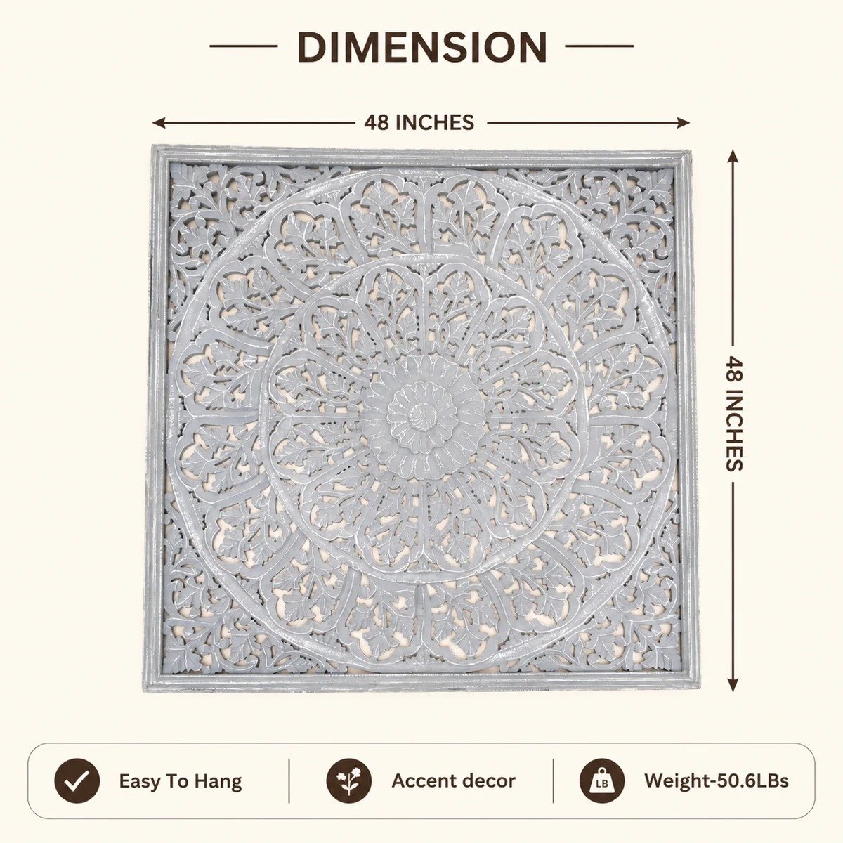 Handcrafted Wooden Wall Art Panel, 48x48 inch | Intricate Mandala Wall Décor | Large Decorative Carved Wood Wall Hanging for Living Room, Bedroom, Entryway & Office view 2