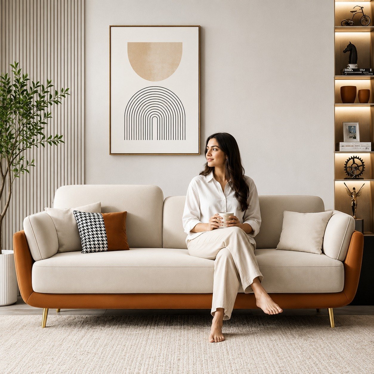 Modern 3 Seater Sofa with Cushioned Upholstery & Wooden Accents – Elegant Living Room Sofa included pillows view 2