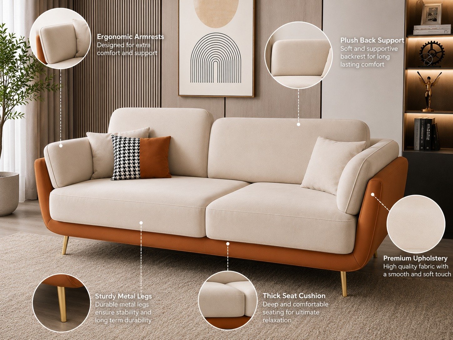 Modern 3 Seater Sofa with Cushioned Upholstery & Wooden Accents – Elegant Living Room Sofa included pillows view 4