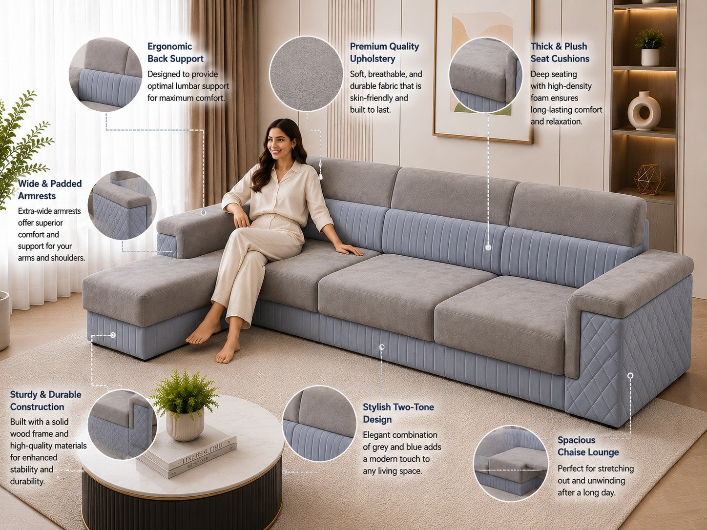 Modern L-Shaped Sectional Sofa with Chaise – Premium Upholstered Corner Sofa for Living Room view 4