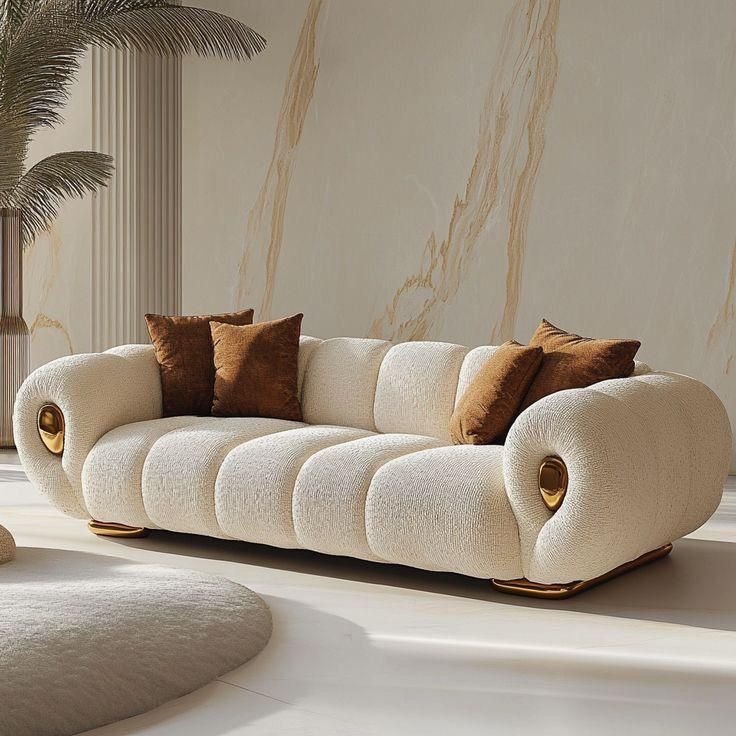Luxury Modern Curved Sofa – Premium 3 Seater Boucle Upholstered Sofa with Gold Accents