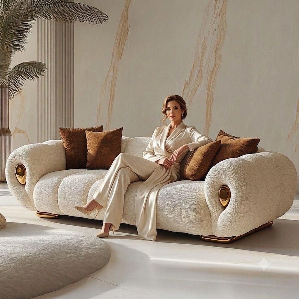 Luxury Modern Curved Sofa – Premium 3 Seater Boucle Upholstered Sofa with Gold Accents view 3