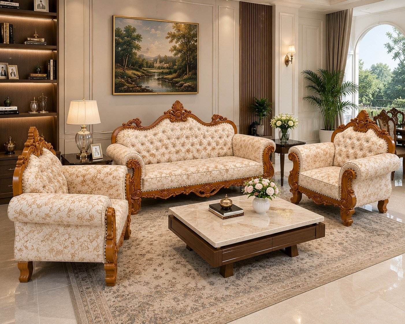 Luxury Royal Wooden Sofa Set with Premium Carved Frame & Plush Upholstery | Elegant 3+1+1 Seater Living Room Sofa Set for Home, Drawing Room & Guest Room Décor view 2