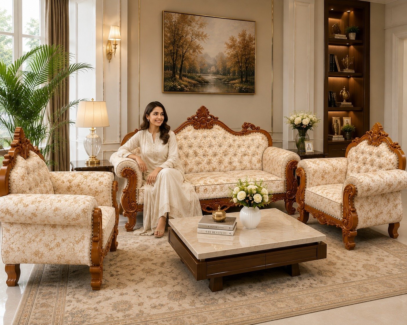 Luxury Royal Wooden Sofa Set with Premium Carved Frame & Plush Upholstery | Elegant 3+1+1 Seater Living Room Sofa Set for Home, Drawing Room & Guest Room Décor view 3