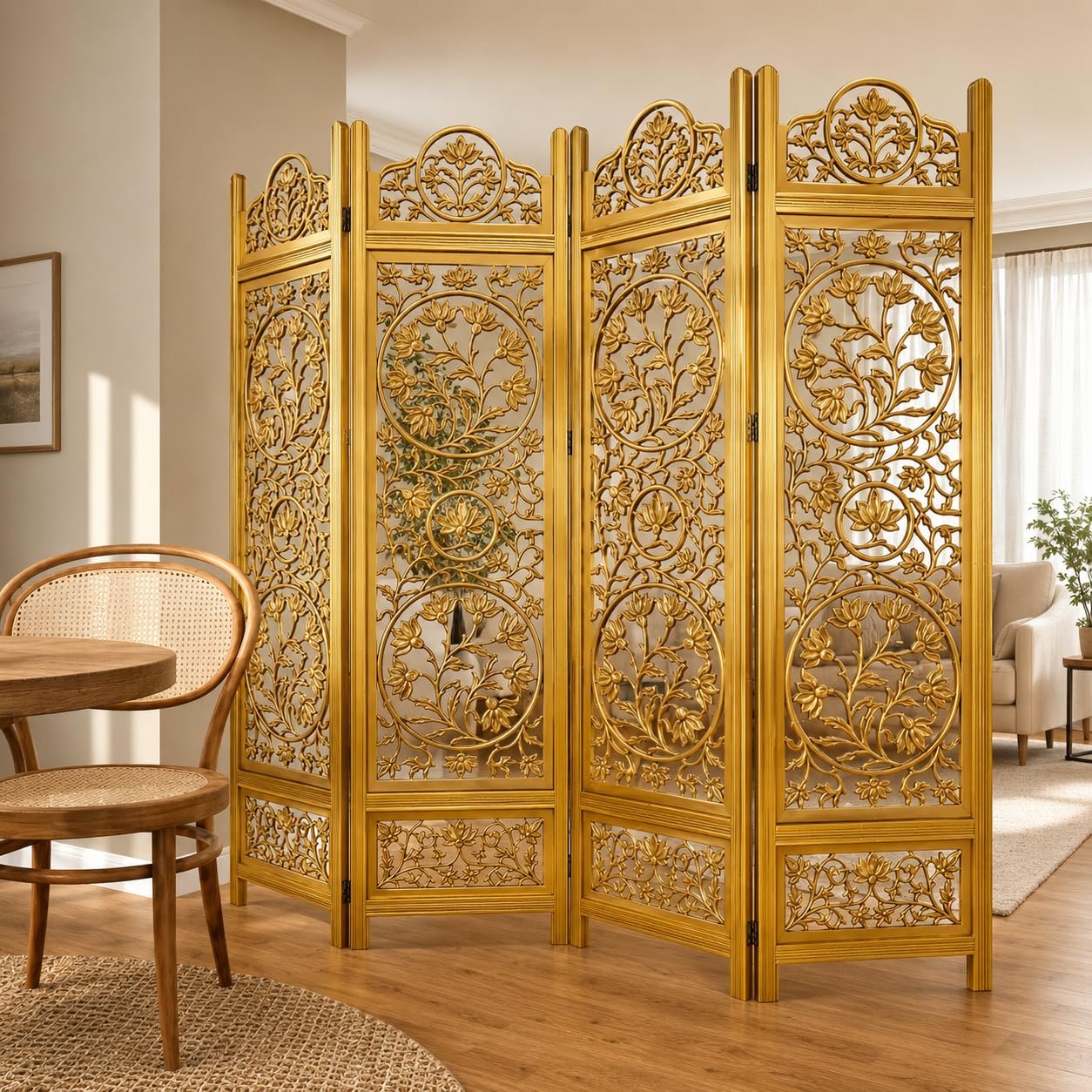 Wooden Room Partition and Folding Privacy Screens Wooden Room Divider for Bedroom Home Office Room Divider Room Partition (6 Feet 4 Panel Golden Each Panel 72X20 Inch)