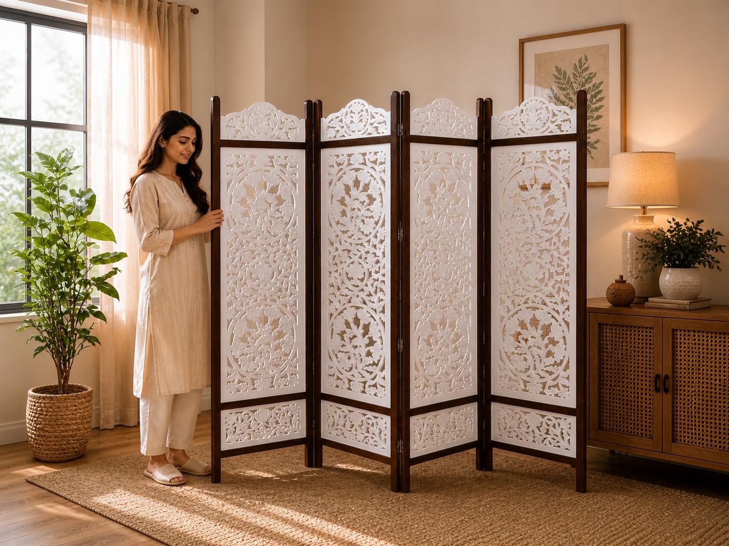 Wooden Room Divider Decorative Foldable Privacy Screen Hand Carved Partition for Living Room Bedroom Office Decor (6 Feet 4 Panel Pearl White Each Panel Size 72X20 Inch)