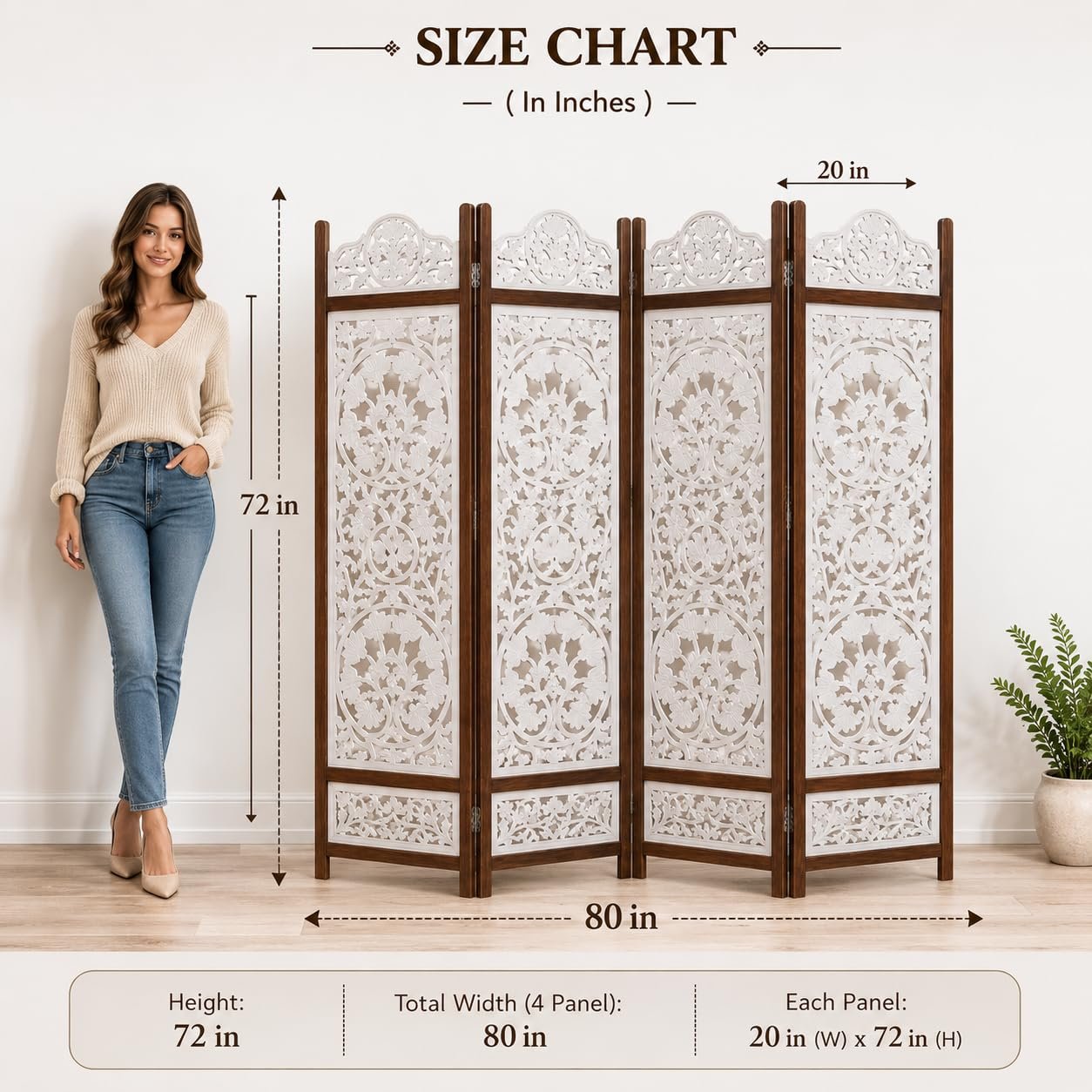 Wooden Room Divider Decorative Foldable Privacy Screen Hand Carved Partition for Living Room Bedroom Office Decor (6 Feet 4 Panel Pearl White Each Panel Size 72X20 Inch) view 2