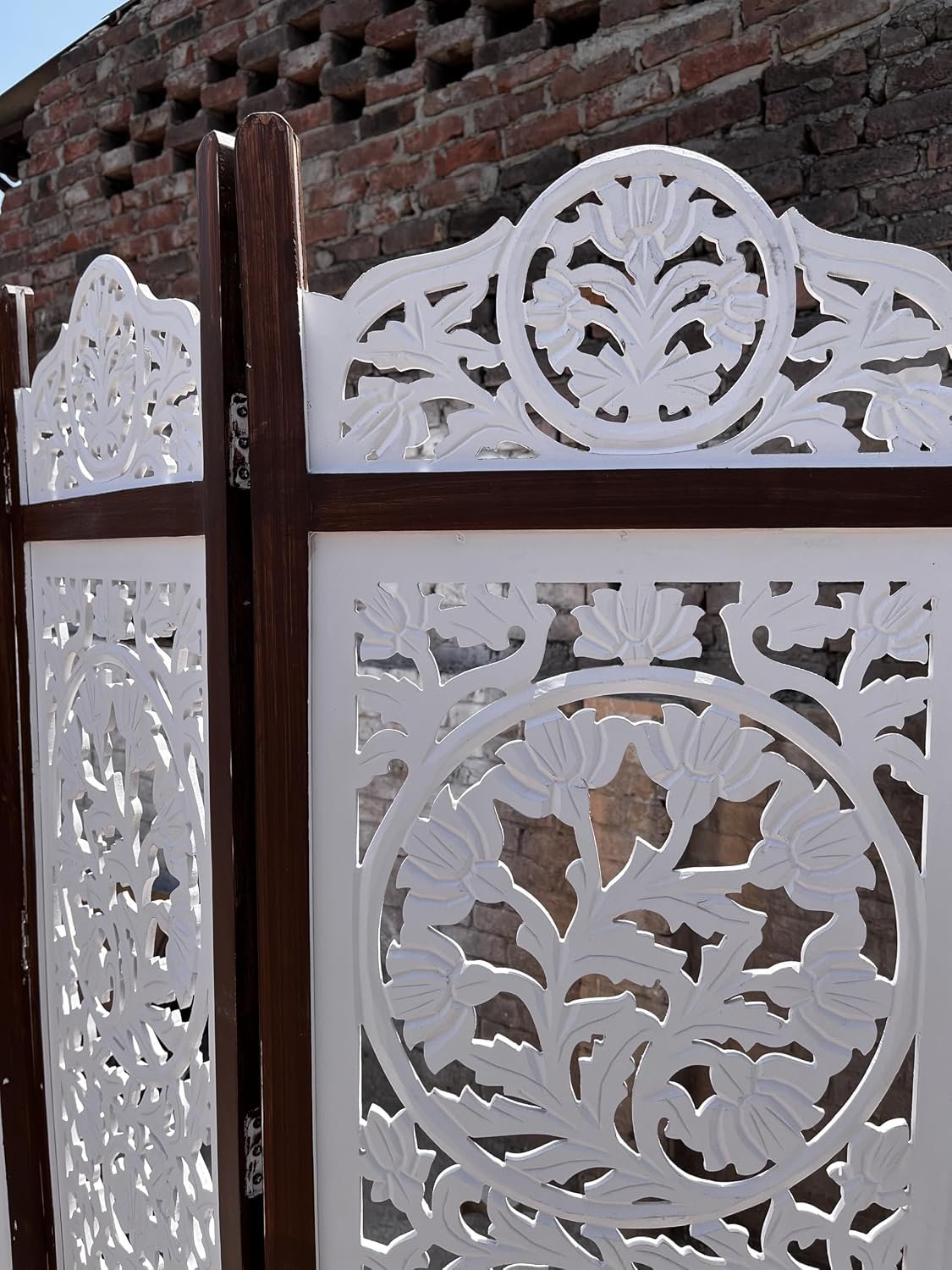 Wooden Room Divider Decorative Foldable Privacy Screen Hand Carved Partition for Living Room Bedroom Office Decor (6 Feet 4 Panel Pearl White Each Panel Size 72X20 Inch) view 3