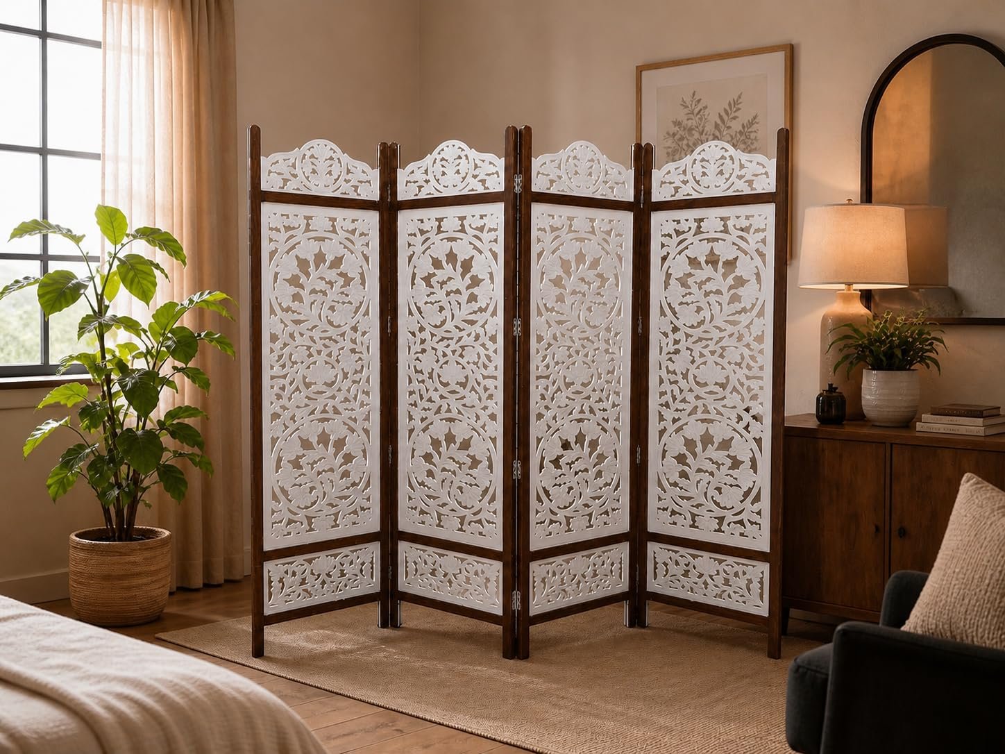 Wooden Room Divider Decorative Foldable Privacy Screen Hand Carved Partition for Living Room Bedroom Office Decor (6 Feet 4 Panel Pearl White Each Panel Size 72X20 Inch) view 6