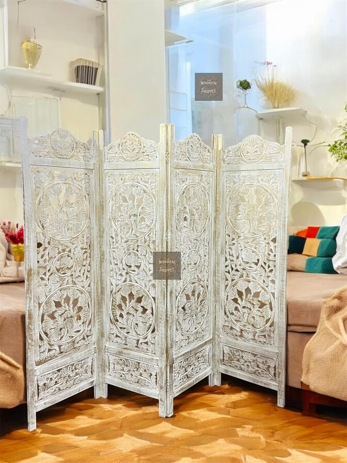 Wooden Room Divider Decorative Foldable Privacy Screen Hand Carved Partition for Living Room Bedroom Office Decor (6 Feet 4 Panel Royal Golden Shading Each Panel Size 72X20 Inch)