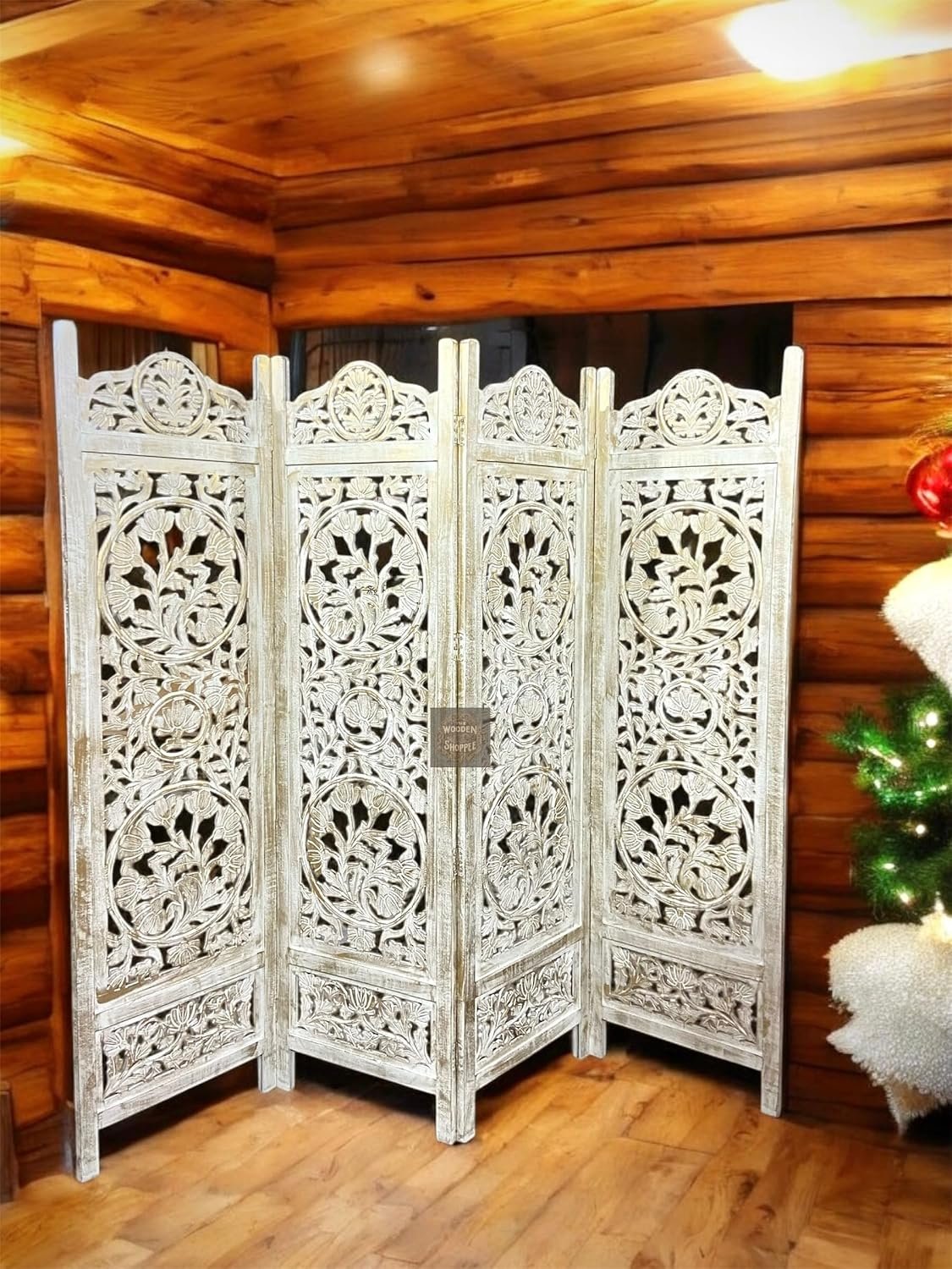 Wooden Room Divider Decorative Foldable Privacy Screen Hand Carved Partition for Living Room Bedroom Office Decor (6 Feet 4 Panel Royal Golden Shading Each Panel Size 72X20 Inch) view 3