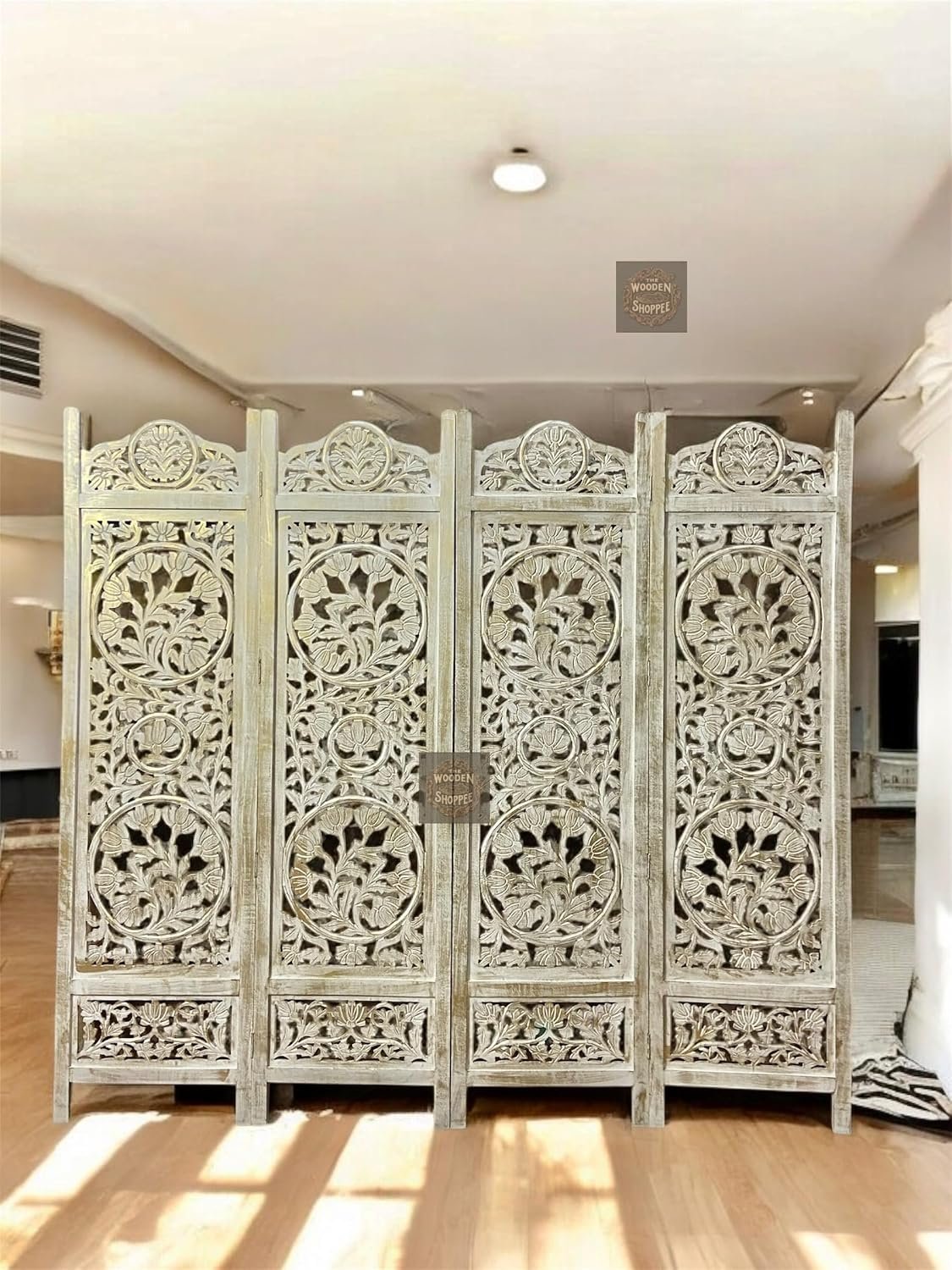 Wooden Room Divider Decorative Foldable Privacy Screen Hand Carved Partition for Living Room Bedroom Office Decor (6 Feet 4 Panel Royal Golden Shading Each Panel Size 72X20 Inch) view 5