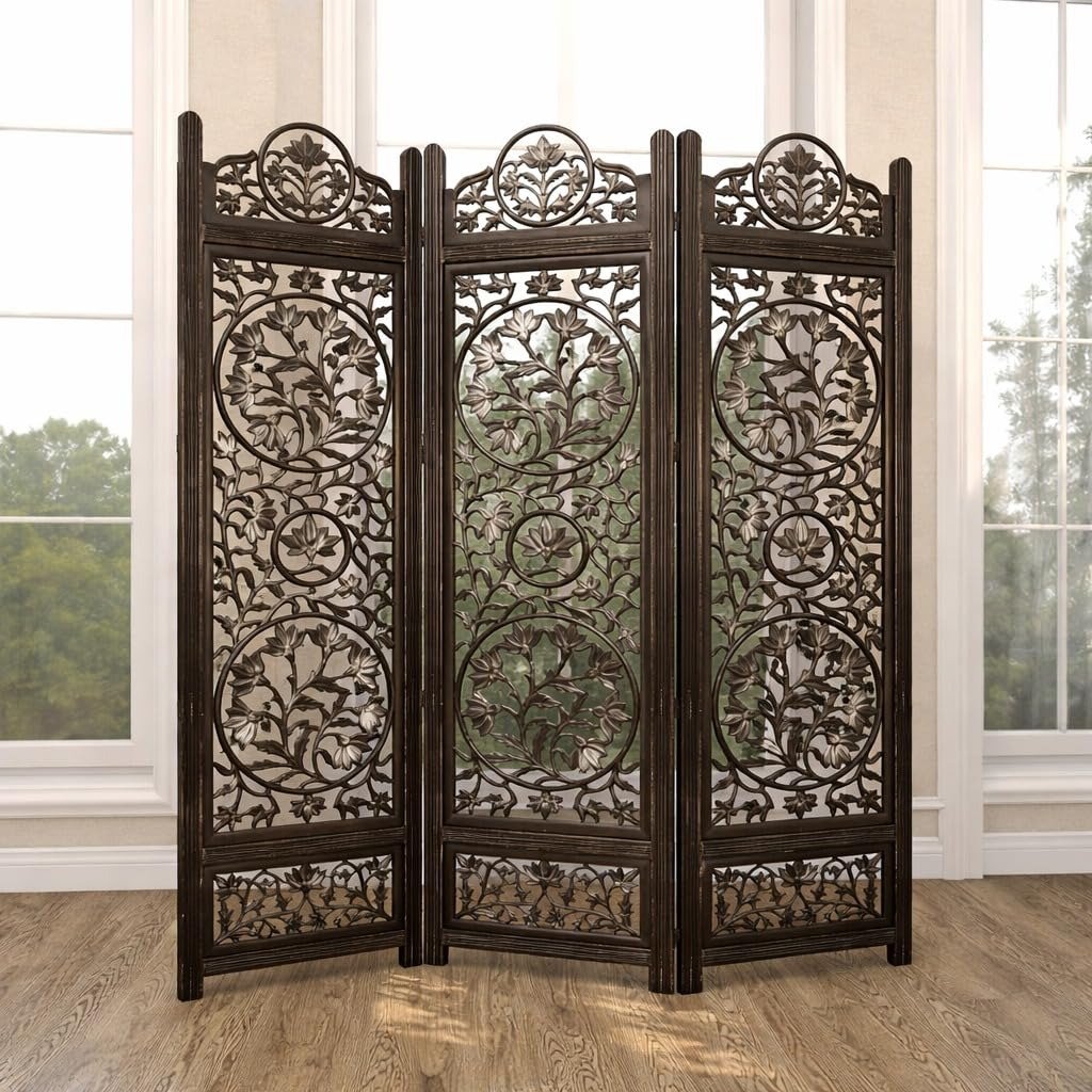 Handcrafted Wooden Room Divider 4 Panel Foldable Privacy Screen, Carved Decorative Partition for Living Room, Bedroom, Office, Home Décor, Brown Finish, (72 x 80 Inch) view 2