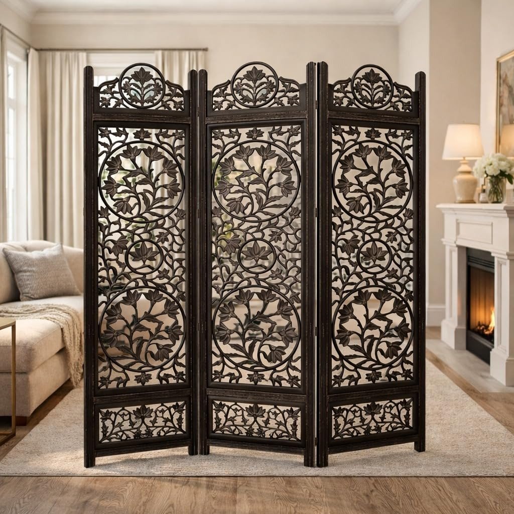 Handcrafted Wooden Room Divider 4 Panel Foldable Privacy Screen, Carved Decorative Partition for Living Room, Bedroom, Office, Home Décor, Brown Finish, (72 x 80 Inch) view 3