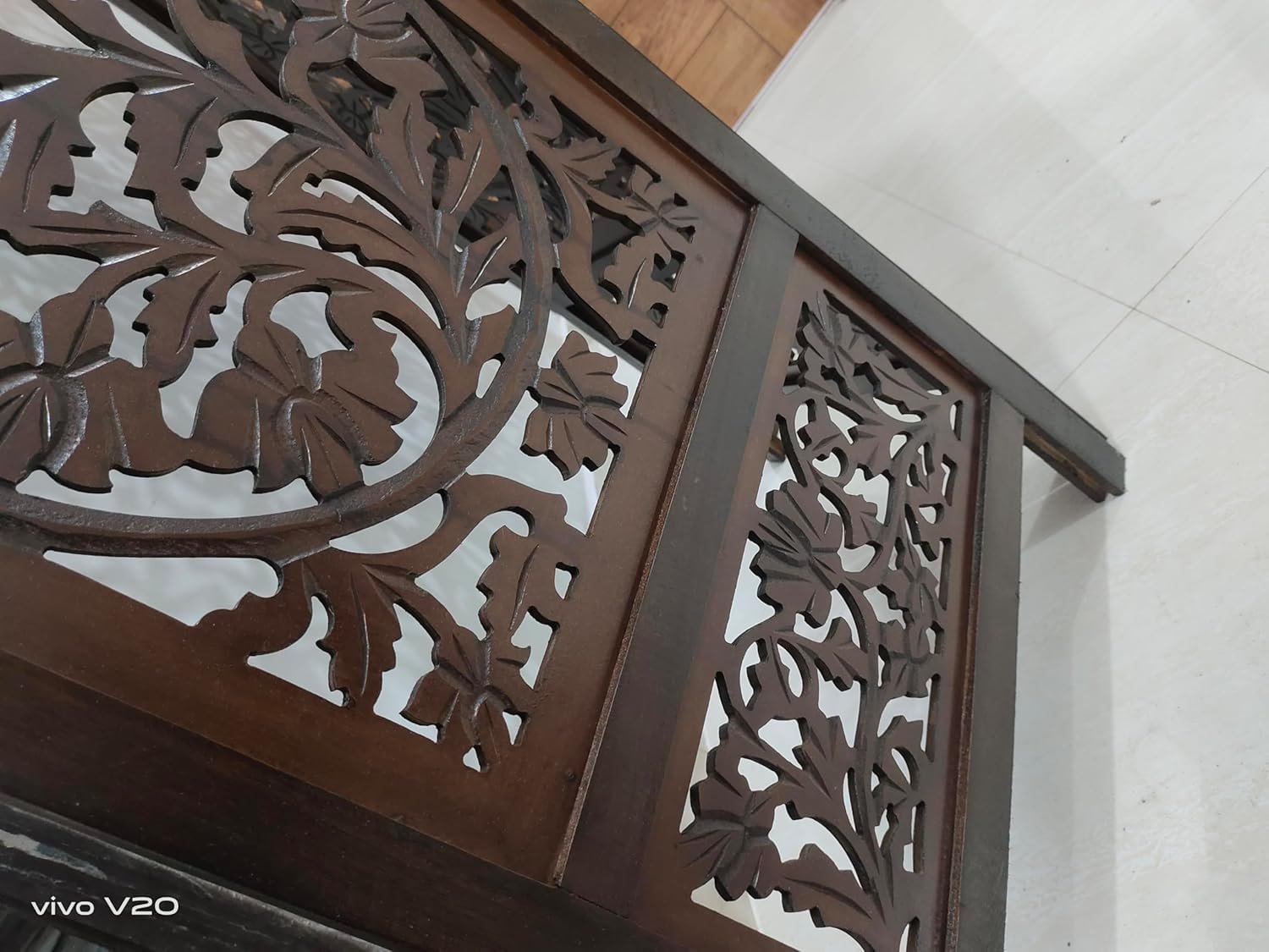 Handcrafted Wooden Room Divider 4 Panel Foldable Privacy Screen, Carved Decorative Partition for Living Room, Bedroom, Office, Home Décor, Brown Finish, (72 x 80 Inch) view 6