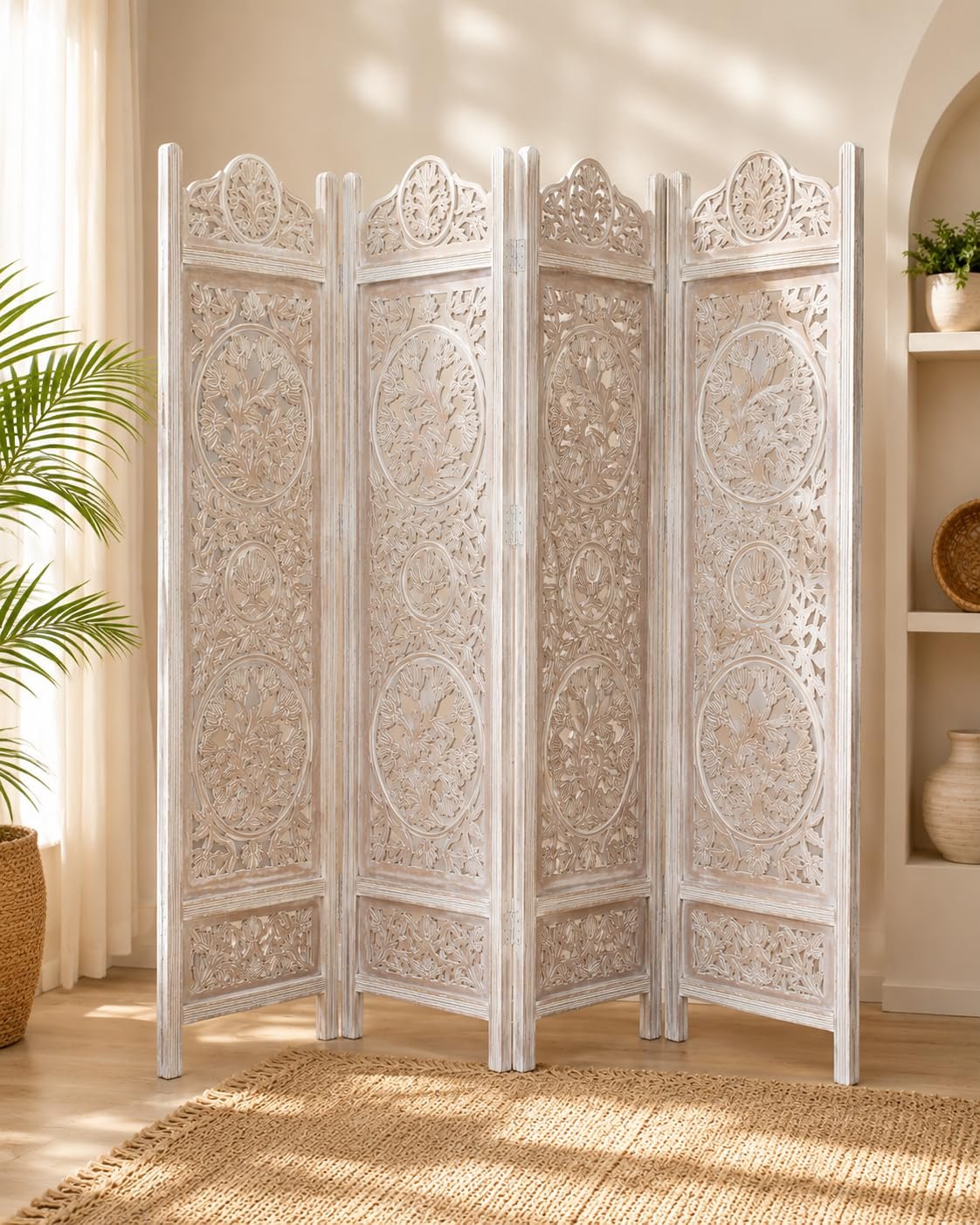 Wooden Room Divider Decorative Foldable Privacy Screen Hand Carved Partition for Living Room Bedroom Office Decor (6 Feet 4 Panel White Each Panel Size 72X20 Inch)