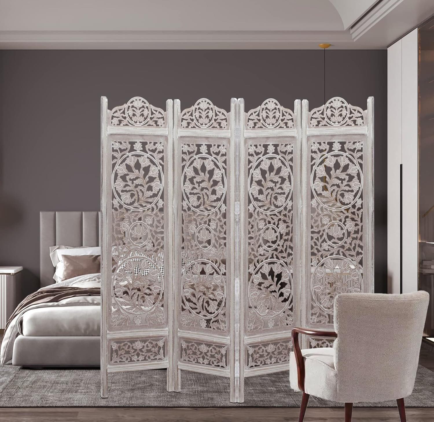 Wooden Room Divider Decorative Foldable Privacy Screen Hand Carved Partition for Living Room Bedroom Office Decor (6 Feet 4 Panel White Each Panel Size 72X20 Inch) view 2
