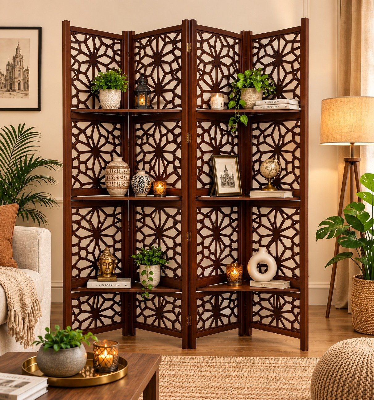 Handcrafted Wooden Partition Screen with Display Shelves | 4-Panel Folding Room Divider for Living Room & Home Decor (Red Wine Finish)