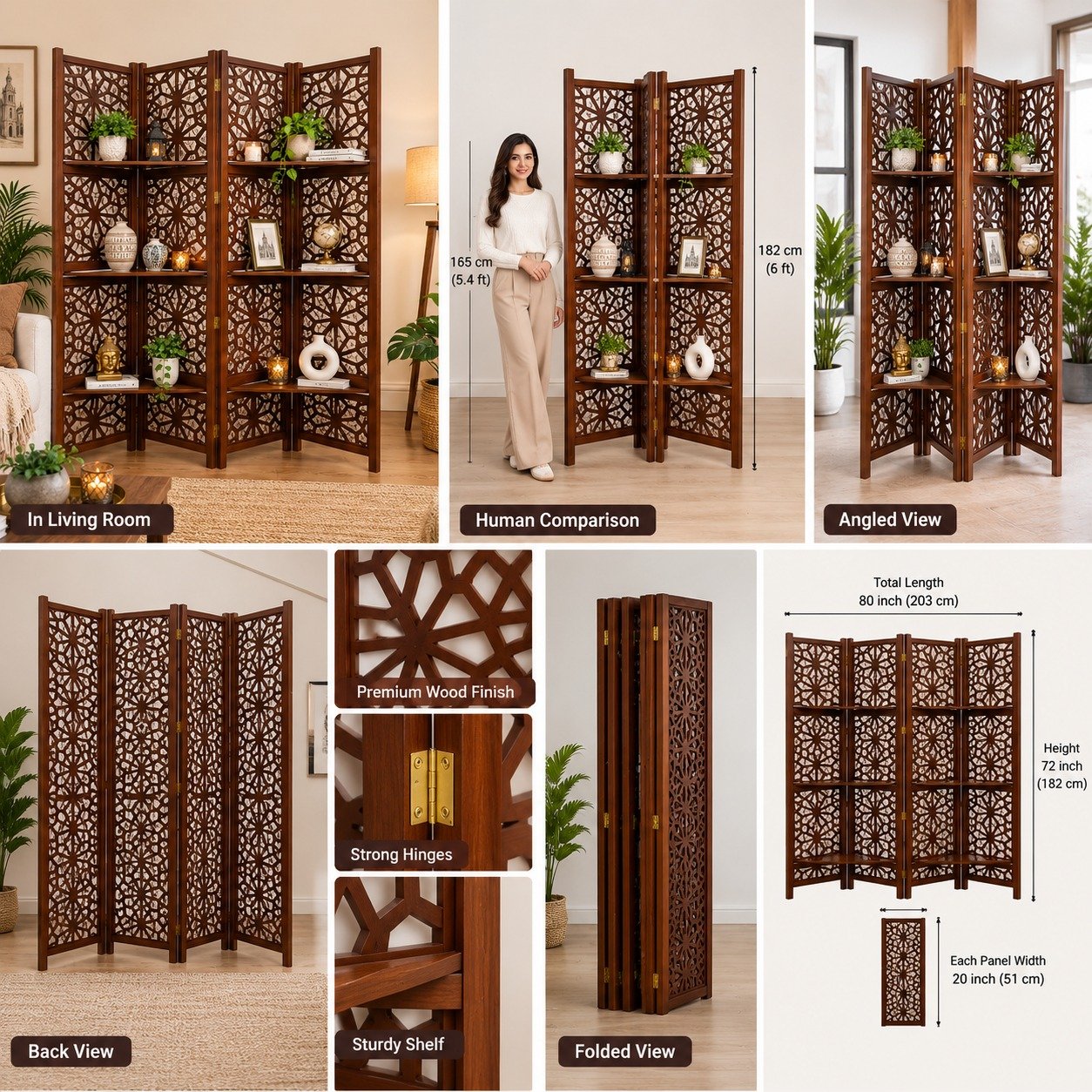 Handcrafted Wooden Partition Screen with Display Shelves | 4-Panel Folding Room Divider for Living Room & Home Decor (Red Wine Finish) view 2