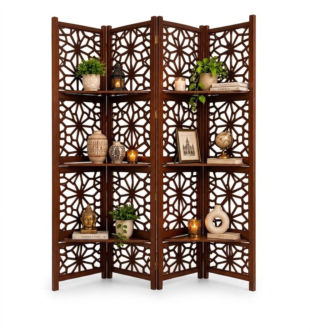 Handcrafted Wooden Partition Screen with Display Shelves | 4-Panel Folding Room Divider for Living Room & Home Decor (Red Wine Finish) view 3