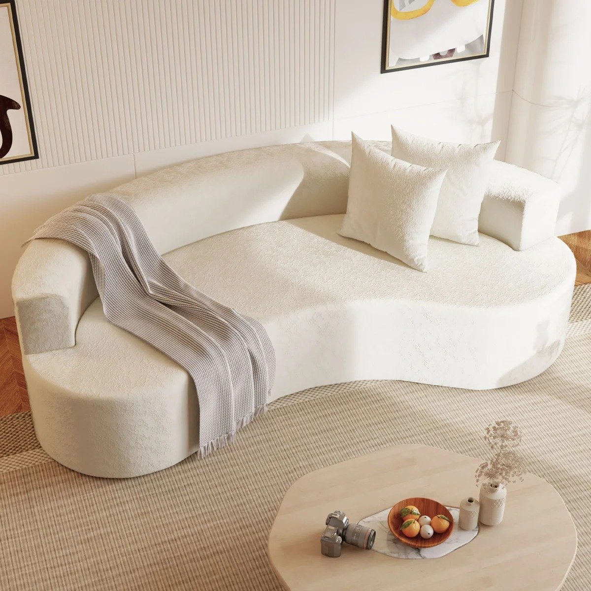 Modern Curved Bouclé Sofa with Cushions | Aesthetic Minimalist 3-Seater Sofa Couch for Living Room, Lounge & Studio ,Modern Curved Bouclé Sofa with Cushions | Aesthetic Minimalist 3-Seater Sofa Couch for Living Room, Lounge & Studio (Off-White / Cream)
