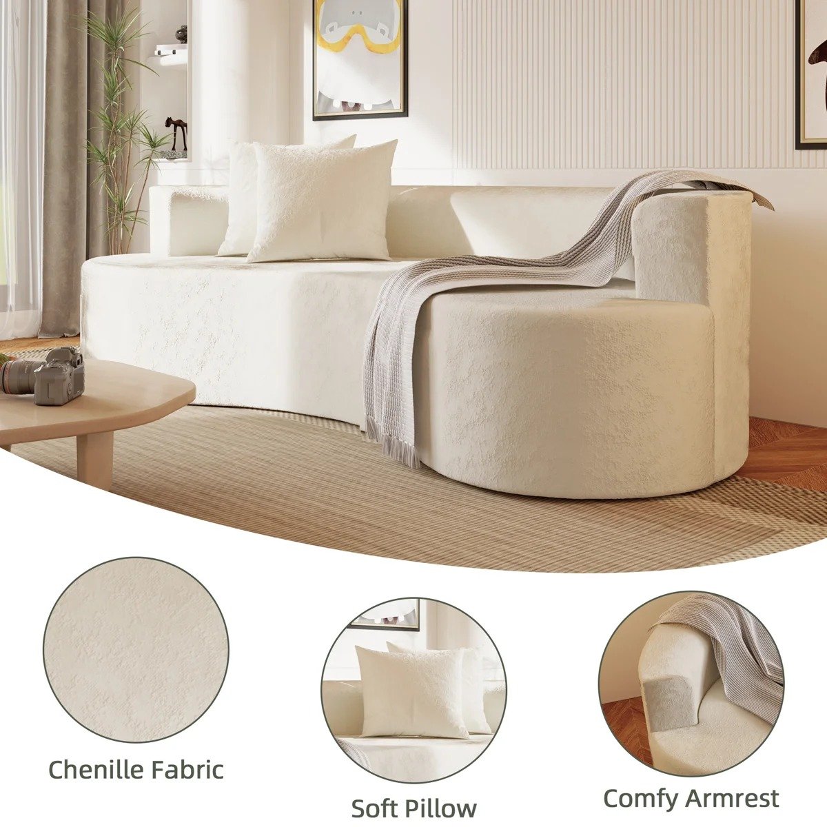 Modern Curved Bouclé Sofa with Cushions | Aesthetic Minimalist 3-Seater Sofa Couch for Living Room, Lounge & Studio ,Modern Curved Bouclé Sofa with Cushions | Aesthetic Minimalist 3-Seater Sofa Couch for Living Room, Lounge & Studio (Off-White / Cream) view 5