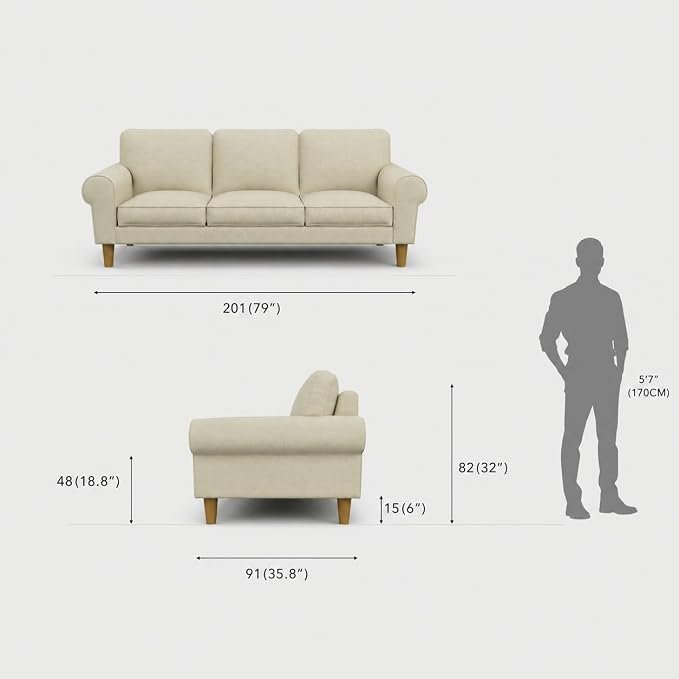 The Wooden Shoppee Warm Beige Fabric Sofa | 3 Seater Modern Sofa for Living Room, Bedroom & Office | Comfortable Upholstered Sofa Couch | Stylish Contemporary Home Furniture view 2