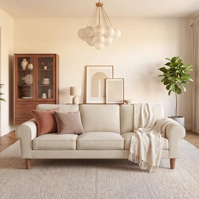 The Wooden Shoppee Warm Beige Fabric Sofa | 3 Seater Modern Sofa for Living Room, Bedroom & Office | Comfortable Upholstered Sofa Couch | Stylish Contemporary Home Furniture view 3
