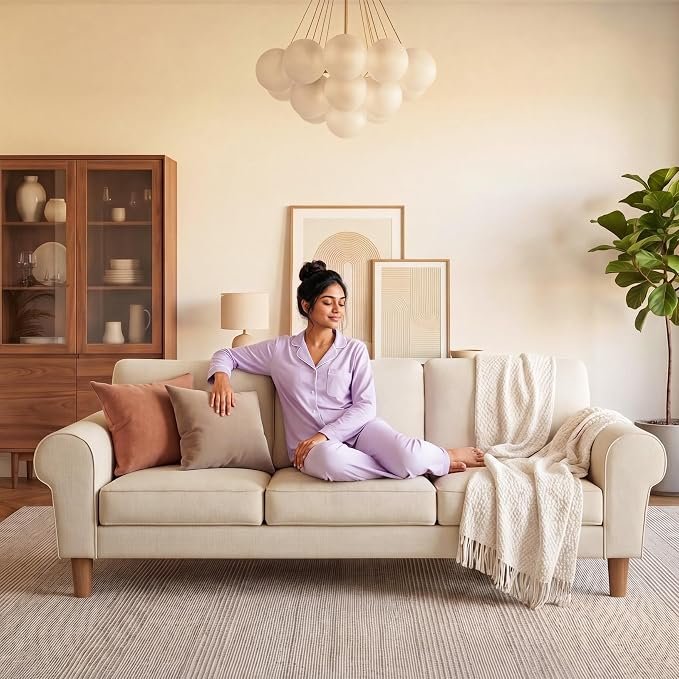 The Wooden Shoppee Warm Beige Fabric Sofa | 3 Seater Modern Sofa for Living Room, Bedroom & Office | Comfortable Upholstered Sofa Couch | Stylish Contemporary Home Furniture view 4