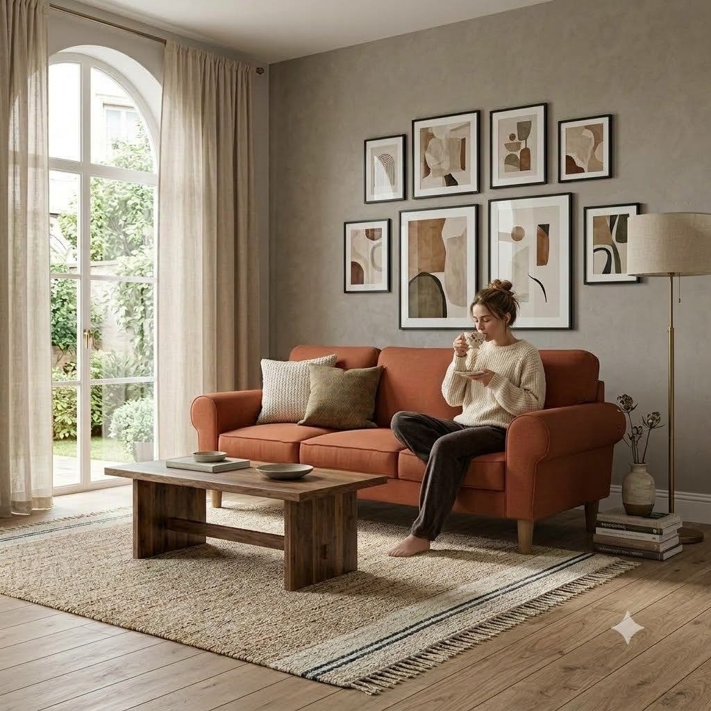 The Wooden Shoppee 3 Seater Sofa for Living Room, Modern Fabric Sofa Couch, Comfortable Designer Sofa Set, Terra Brick, 85D x 145W x 85H cm