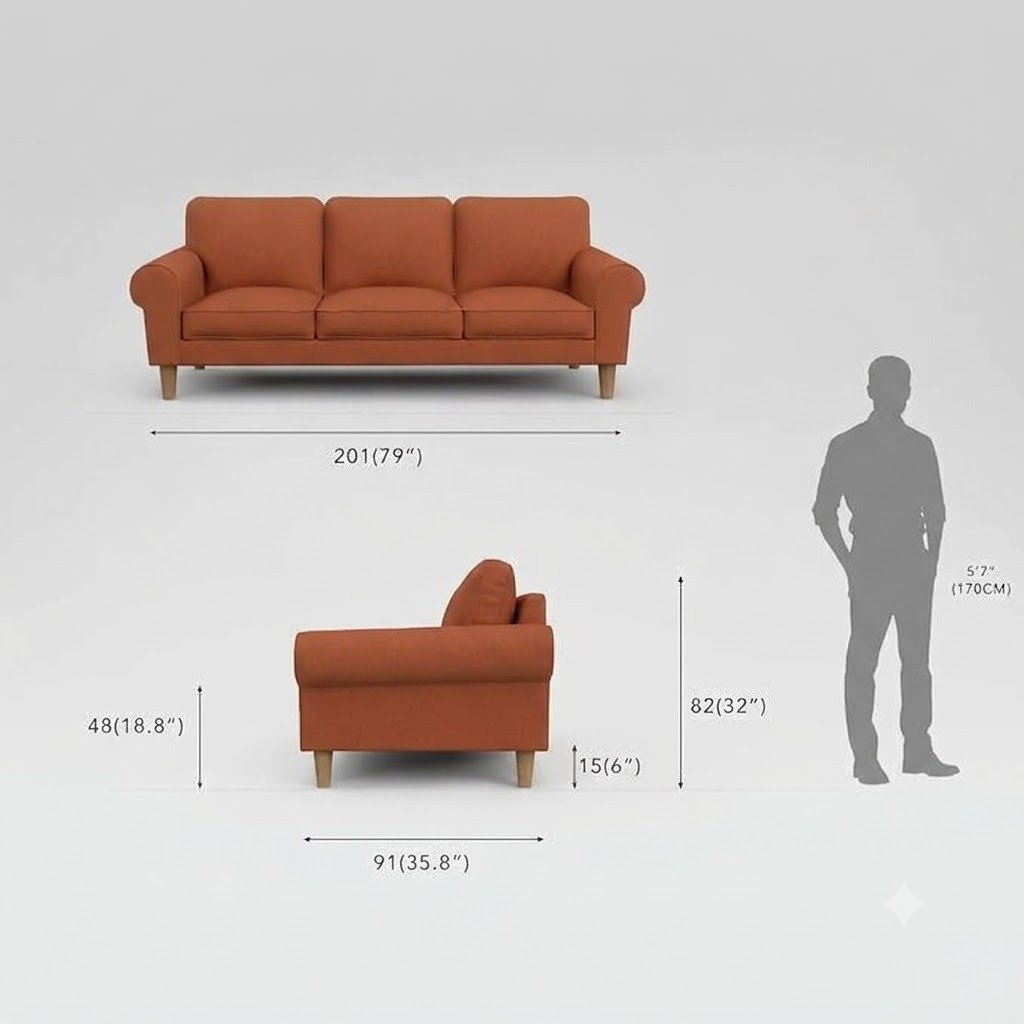 The Wooden Shoppee 3 Seater Sofa for Living Room, Modern Fabric Sofa Couch, Comfortable Designer Sofa Set, Terra Brick, 85D x 145W x 85H cm view 5