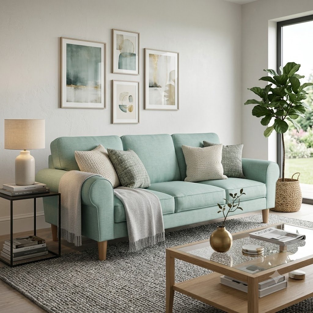 The Wooden Shoppee Mint Green 3 Seater Sofa | Modern Fabric Sofa for Living Room & Home